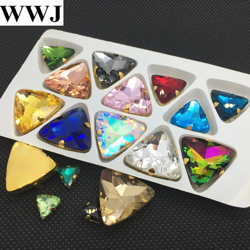 

All Colors 18mm 23mm Sew On Triangle Glass Crystal Stone with Gold Claw Setting For sewing