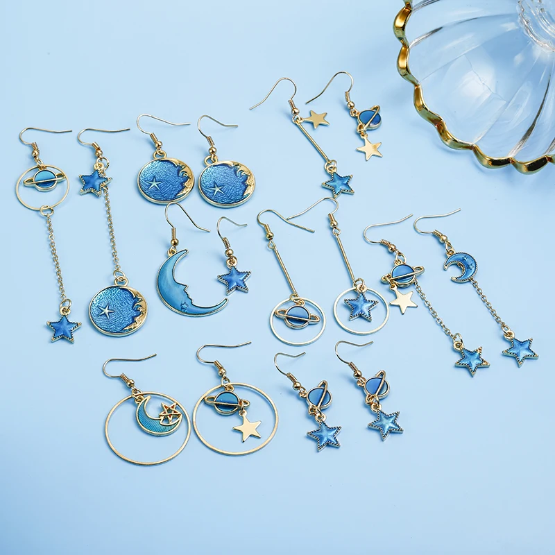 2018 New Korean Japan Lovely Blue Enamel Universen Moon Star Asymmetric Circle Long Earrings For Women Girl Spacecraft Brinco