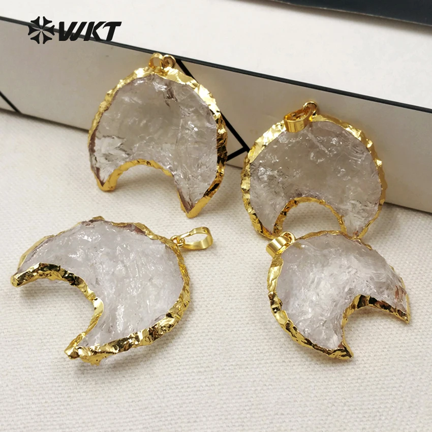 WT-P1302 Wholesale Fashion Natural Crystal Stone Pendant Moon Shape With Gold Plated For Women Jewelry Making About30*40MM