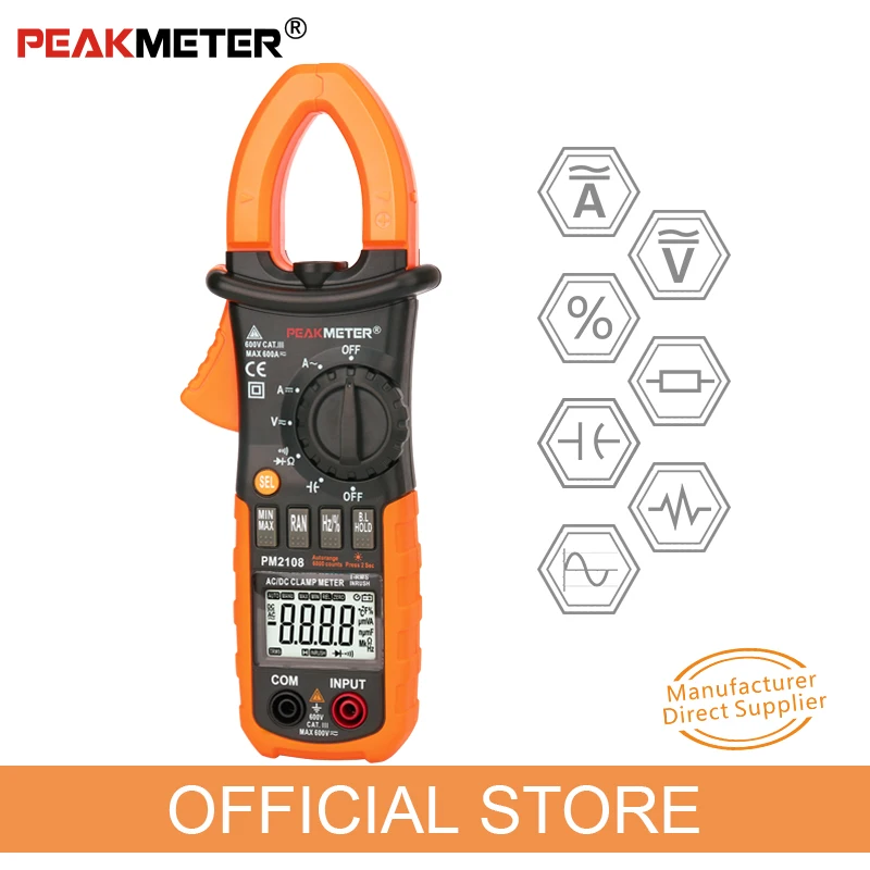 

PEAKMETER PM2108 6600 counts AC DC Mini Digital Clamp True RMS IN RUSH Current Resistance Capacitance Frequency Clamp Meter