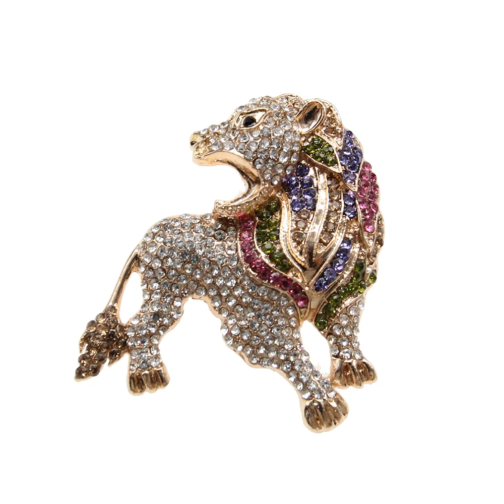 50pcs/lot  Multicolor Rhinestone  Gold-Tone Roaring Lion Brooch Pin Crystal Animal Brooch Pin