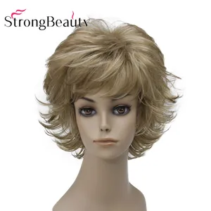 StrongBeauty короткие синтетические парики Блонд натуральный волнистый аксессуар для волос пушистой цветок режущие парики с челкой