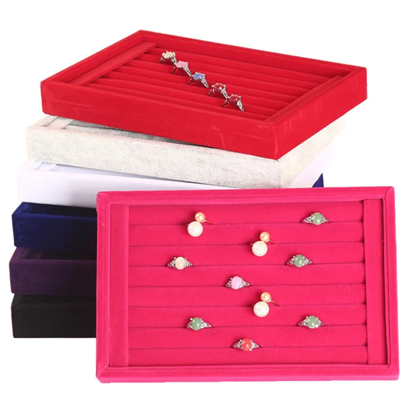 Heißer verkauf Luxus Schmuck Display Samt Slots Ohrringe Ringe Fach Organizer Halter Fall Box Freies Verschiffen 5 Farben