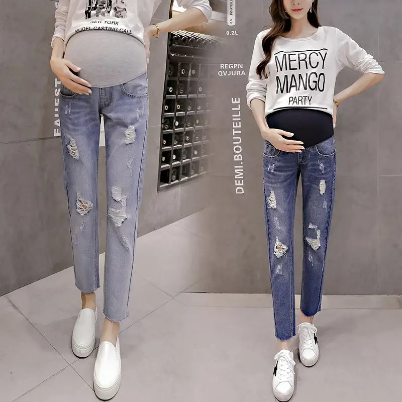 new Maternity wear autumn and winter smashed jeans maternity pants wild hole stomach lift jeans