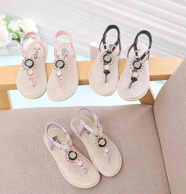 

All Sizes 21-35 Baby Girl Sandals Summer Girls Flip Flops Beach Sandals Gold Rhineston Beading Children Bohemia Flat Sandals