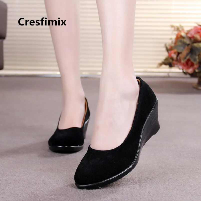 Cresfimix women fashion comfortable wedge heel hotel work shoes lady cool black slip on shoes spring autumn shoes zapatos a3130