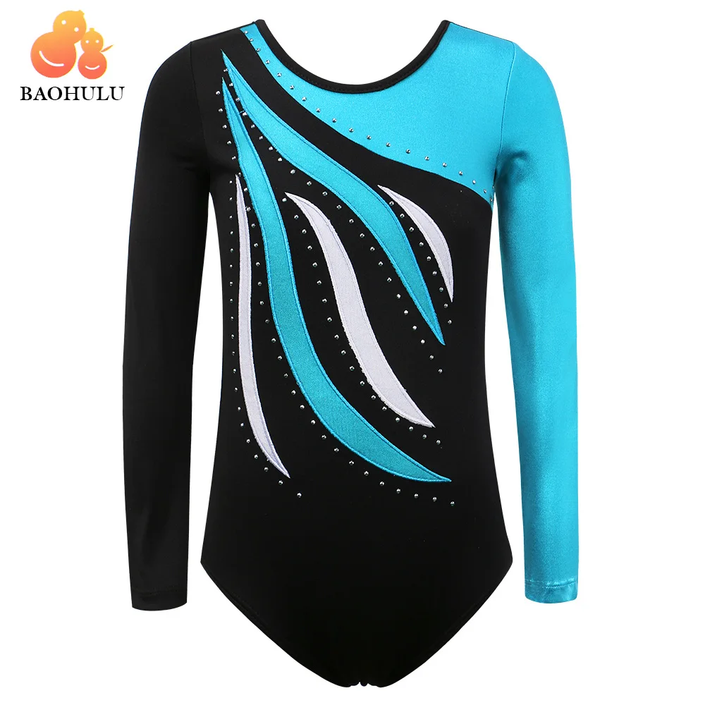 BAOHULU Long Sleeve Patchwork Gymnastic Jumpsuit Leotard for Girl Dance Costume Gymnastics Leotards Acrobatics Kids Dance Wear