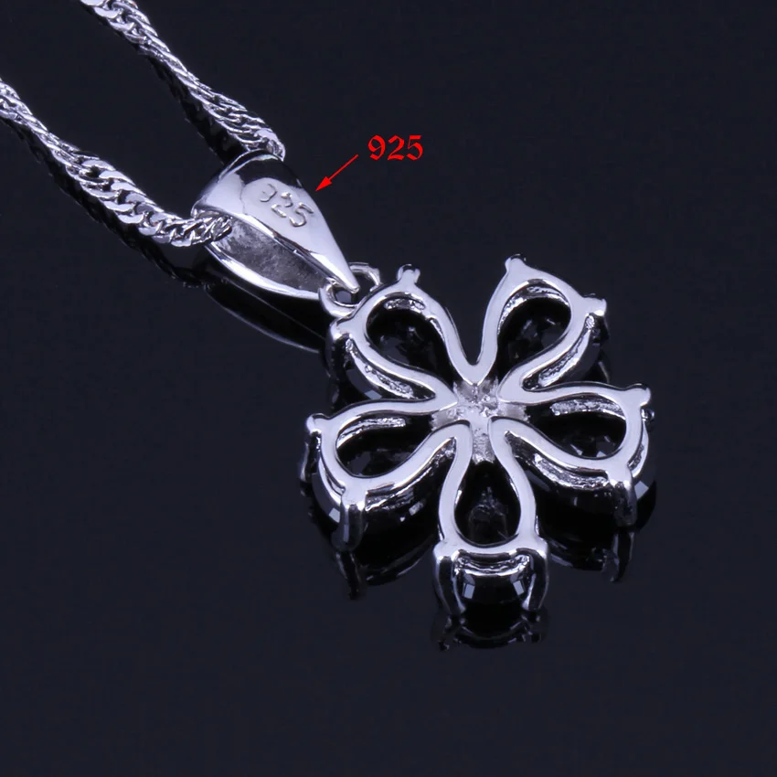 Splendid Flower Black Cubic Zirconia Silver Plated Jewelry Sets Earrings Pendant Chain Ring V0255