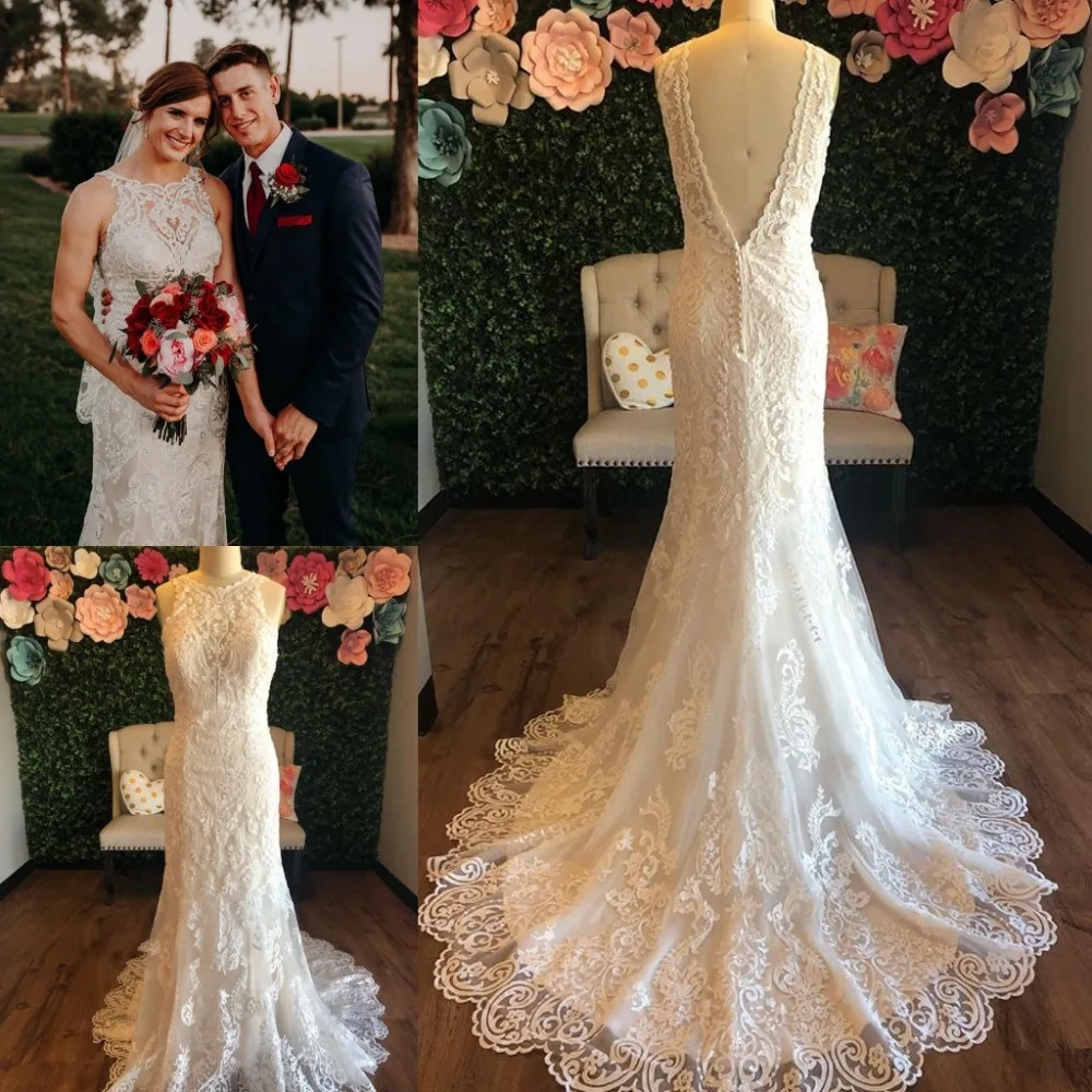 Unique Lace Wedding Dresses 2019 Sheath Court Train O Neck Fit and Flare vestido de noiva V Back Romantic robe de soiree