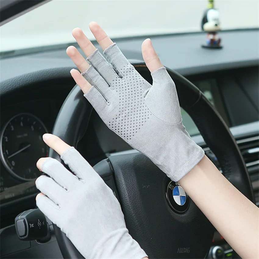 Suede Sunscreen Gloves Men and Women Summer Thin Short Half Finger Driving Anti-Slip Sweat Gloves 5-SZ007W