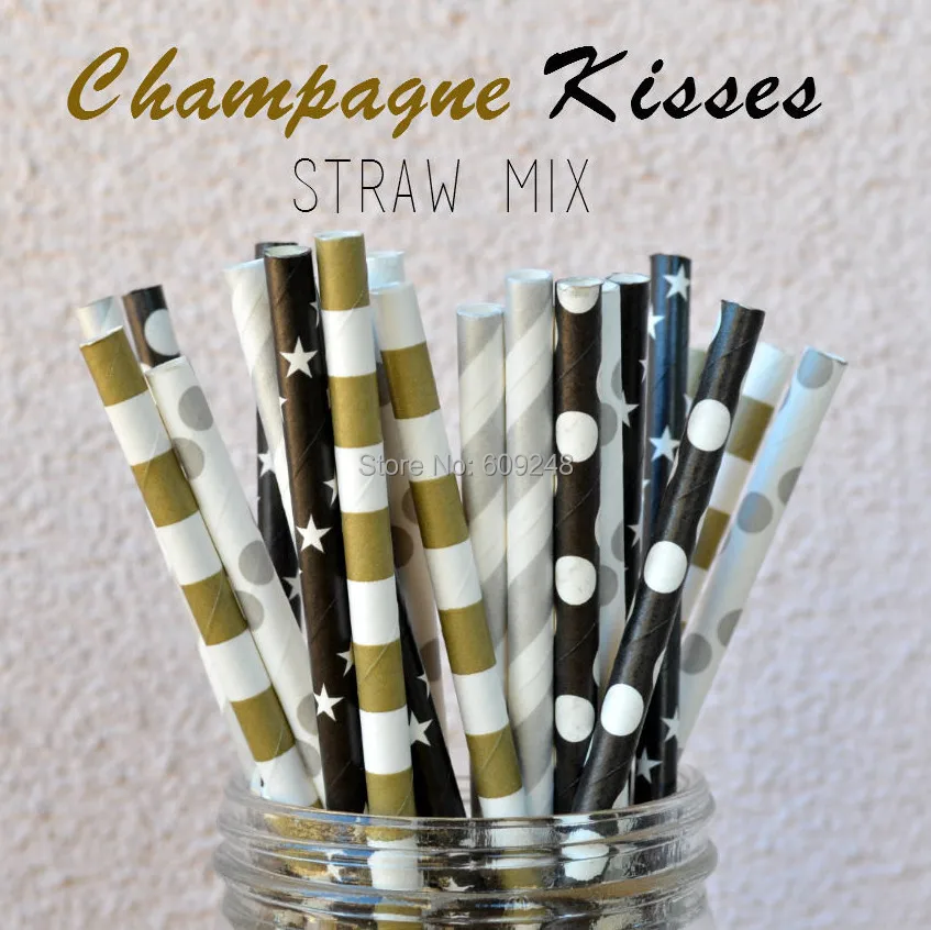 125 Pcs Mixed Colors CHAMPAGNE KISSES Themed Paper Straws,Black Gold Silver Striped Dot Star Drinking Straws for Party Cheap