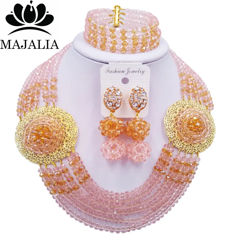 Majalia Romantic Nigeria Wedding African Beads Jewelry Set Peach and Gold ab Crystal Necklace Bridal Jewelry Sets 6OP020