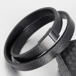 Fashion Black Leather Bracelet for Men Women Jewelry Simple Style Black Stainless Steel Magnetic Buckle Bangle