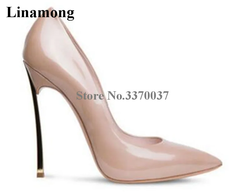 

Brand Design Women Fashion Pointed Toe Patent Leather Metal Heel Pumps Charming Shining Stiletto 12cm Heels Formal Dress Shoes