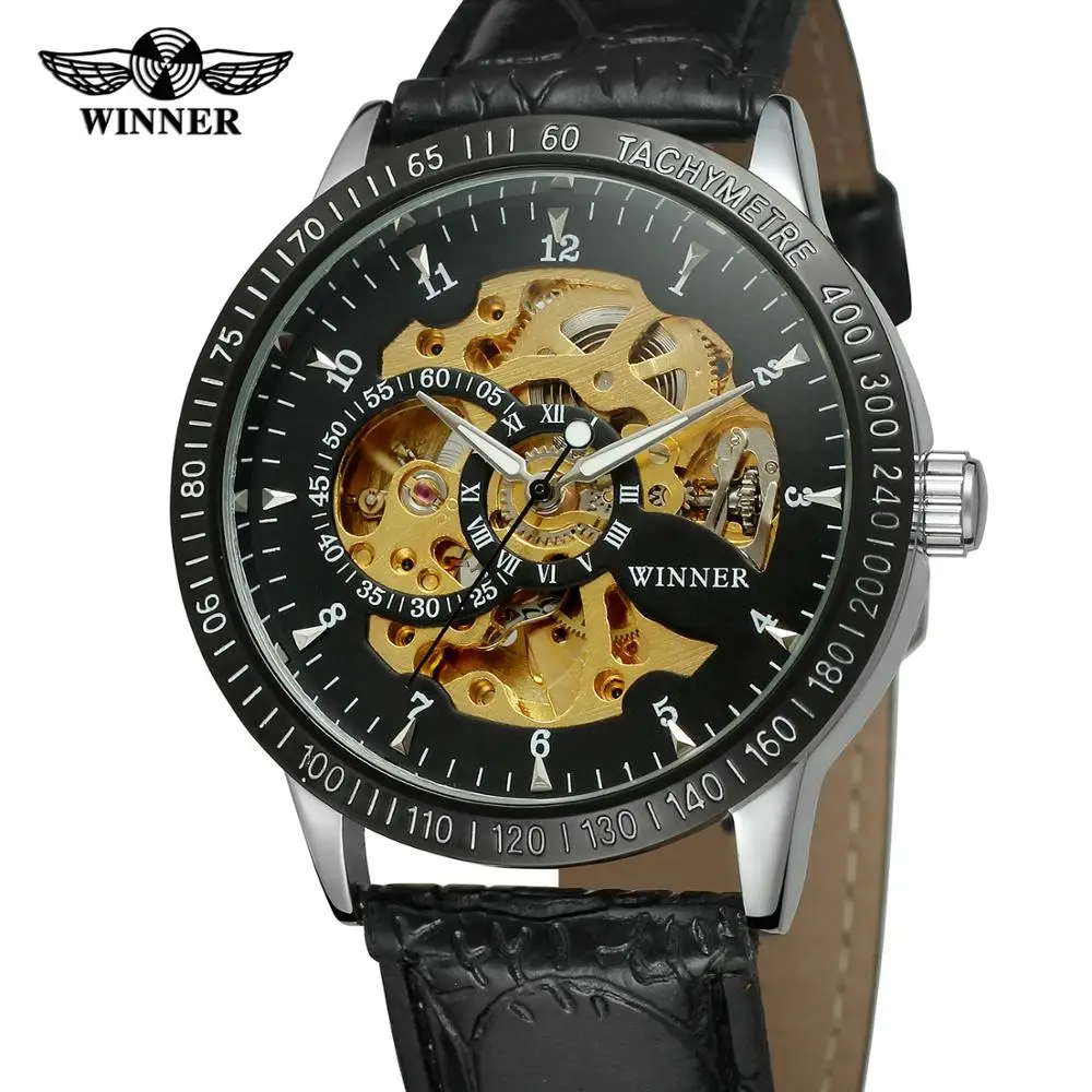 Winner Top Brand Automatic Mechanical Mens Clock Luxury Skeleton Golden Dial Anti-reflective Coating Case Leather Wrist Watches