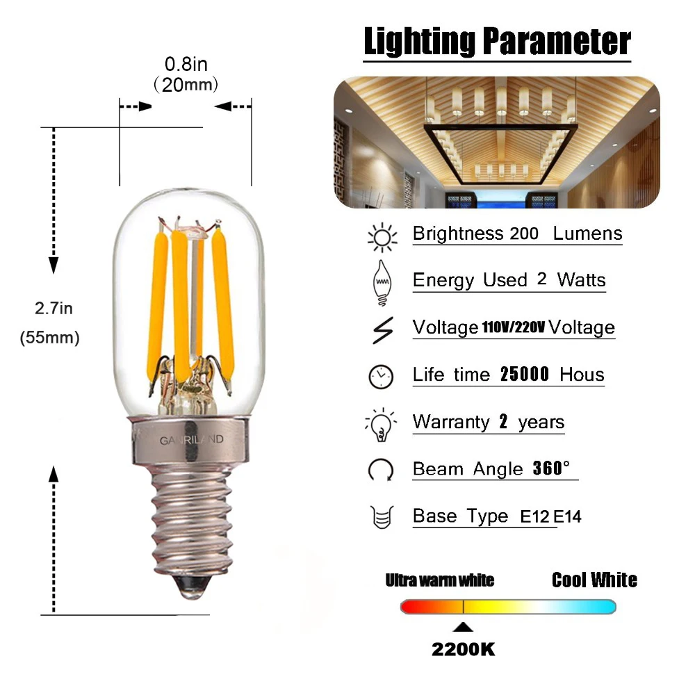 Grensk T20 Retro LED Filament Bulb E12 E14 Base Radio Refrigerator Lamp 2W Ultra Warm 2200K 110V 220VAC Dimmable led light lamps