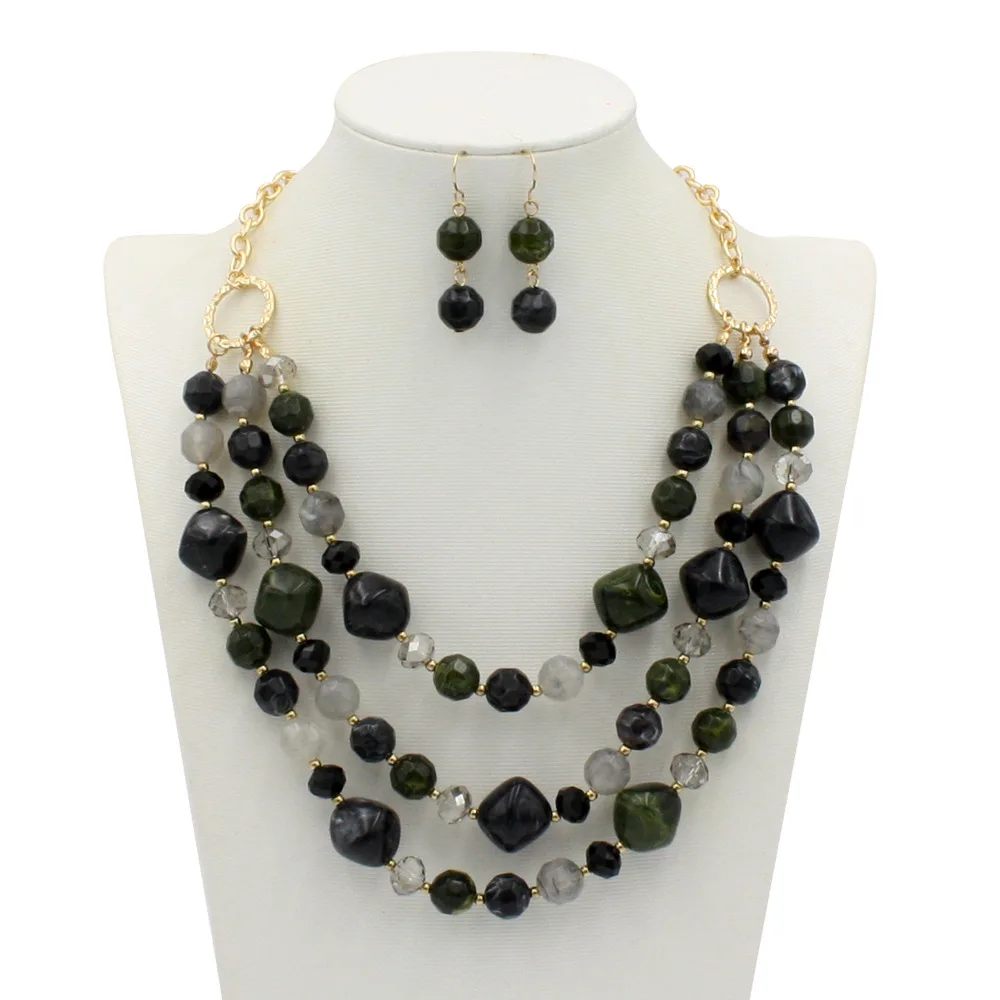 Fashion Acrylic Jewelry Women Retro Big Resin Stone Glass Beads Handmade Necklace Earring Set For Femme Christmas Gift
