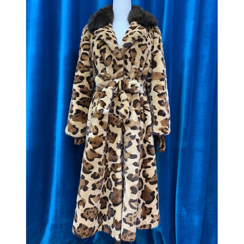 Denny&Dora Women's Imported Mink Fur Coat Leopard Fashion Long Women's Fur Coat Women's Thick Warm Fur Jacket