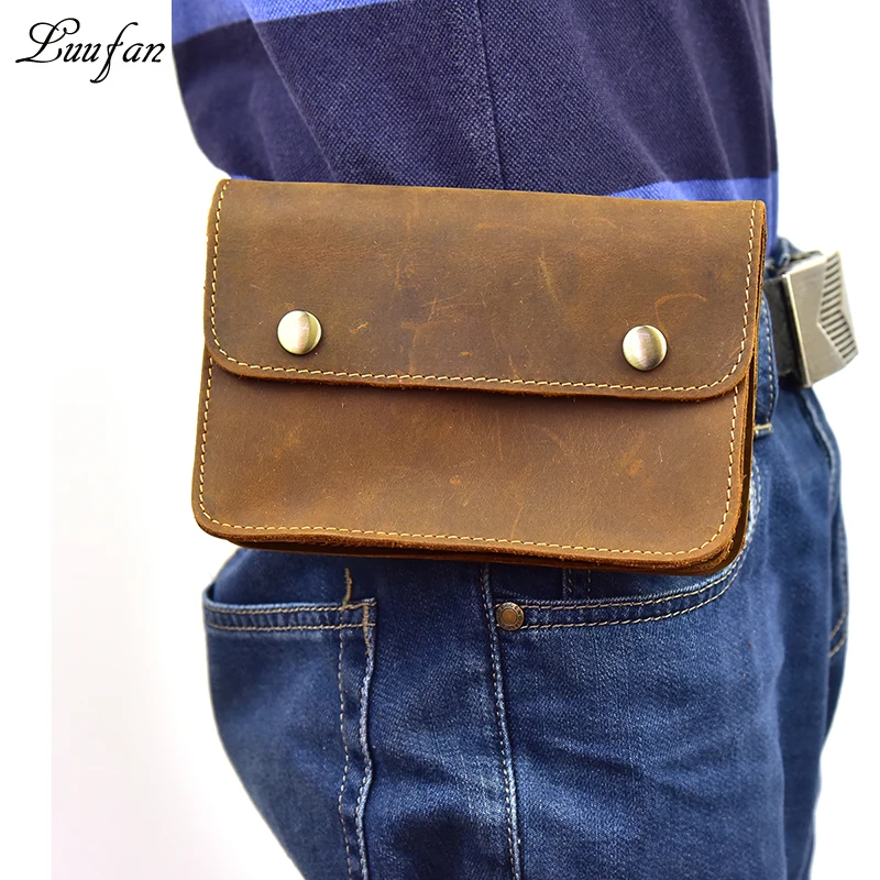 Men\'s Genuine leather waist bag for iPhone crazy horse leather belt bag cow leather snap wallet 2 use Real leather clutch bag