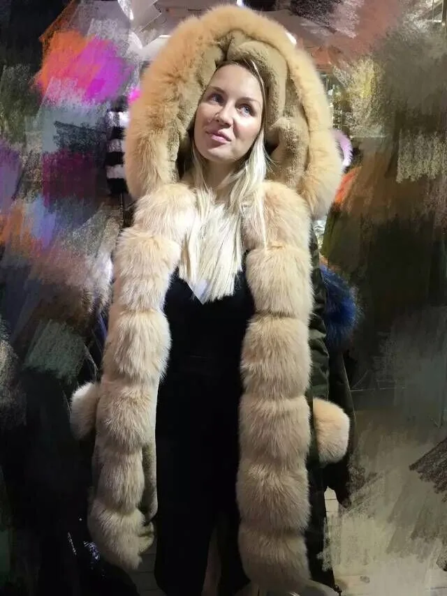 Thick Winter Fox Fur Biggest Collar,Nude/Black Fox Fur Cuff Sleeve Russia Coat MRS Popular Wear Very Warm Winter Fur Coat