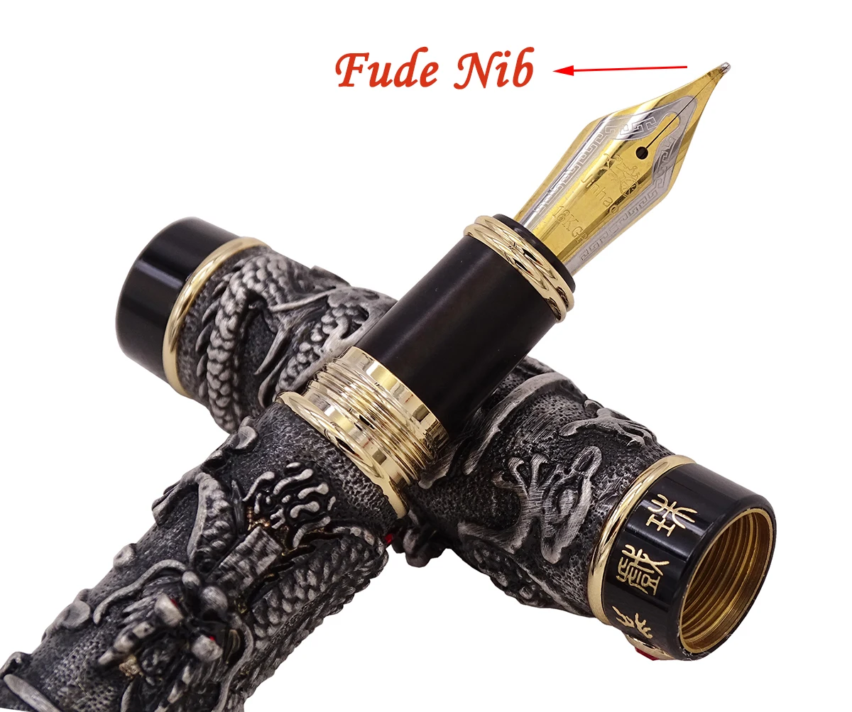 

Jinhao Vintage Noble Gray Fountain Pen Double Dragon Calligraphy Fude Nib Metal Carving Embossing Heavy Gift Pen Collection