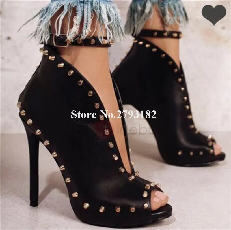 New Design Women Fashion Peep Toe Black Nude Gold Rivet Short Gladiator Boots V-cut Ankle Strap Thin High Heel Ankle Booties