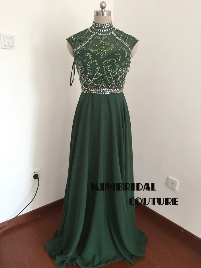 Imagen real Vestidos de Noche Vestidos largo hasta el suelo cuello alto adornos de cristal con lentejuelas Gasa verde una línea Prom imagen real del vestido