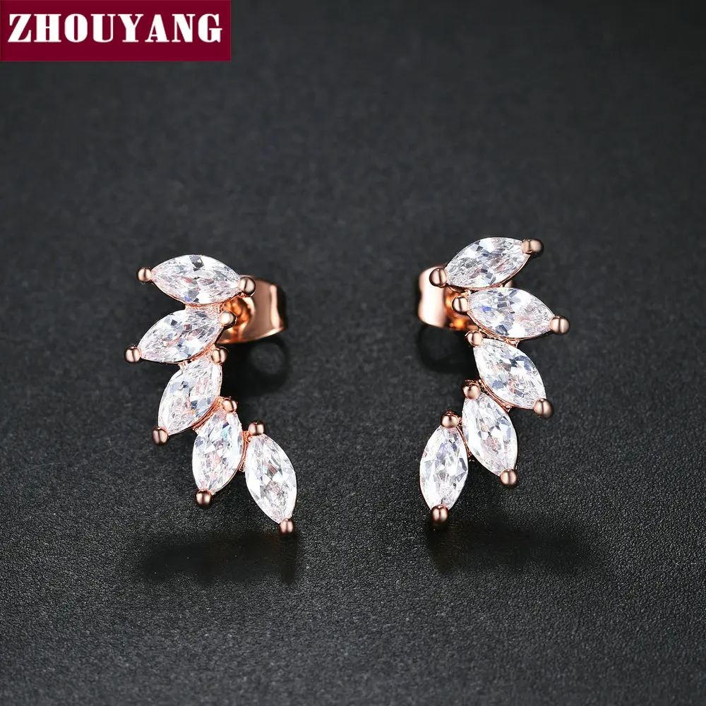 ZHOUYANG Stud Earrings For Women Cubic Zirconia Angel Wings RoseGold Color / Silver Color Fashion Jewelry KC164 KC165 KC173