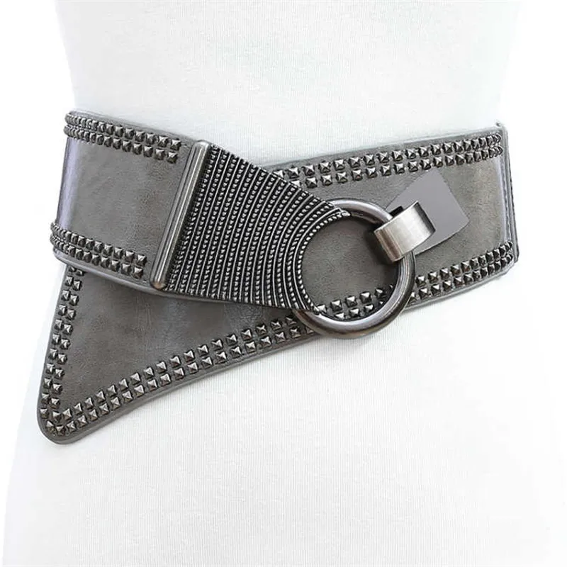 

New Black Leather Cummerbunds Female Woman Belt Studded Wide Women'S Belts Punk Rivet Stretchy Dress Waistbands Lady