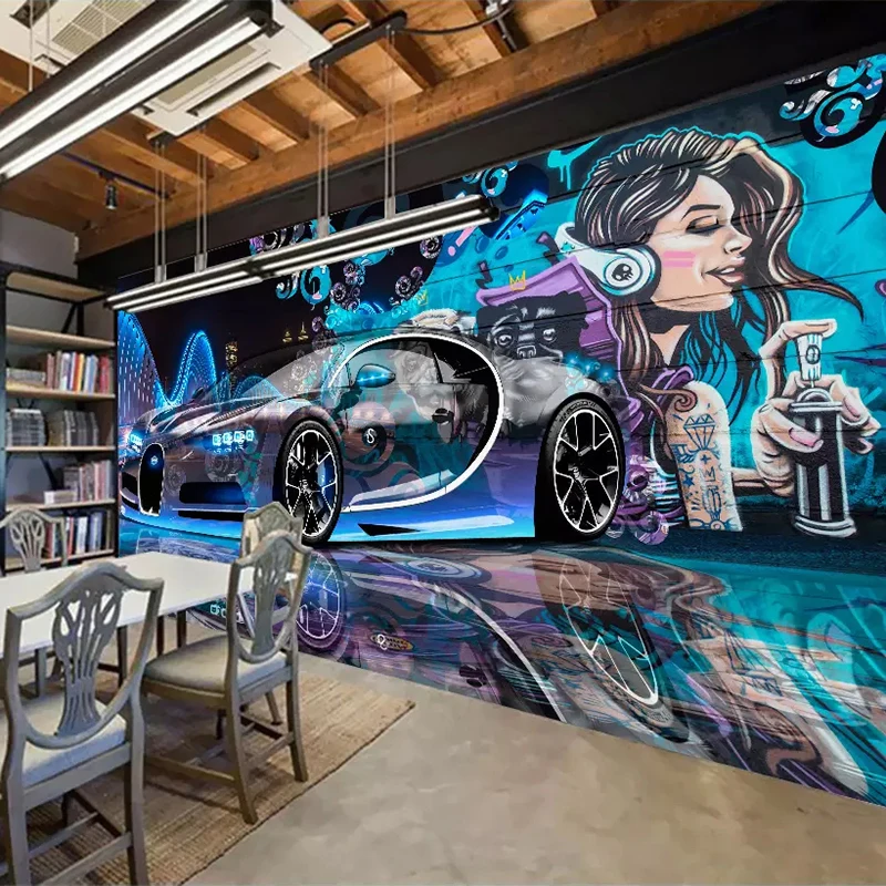 Custom Mural Wallpaper Street Graffiti Sports Car Creative 3D Photo Wallpaper For Restaurant Cafe Bar Decoration Wall Painting