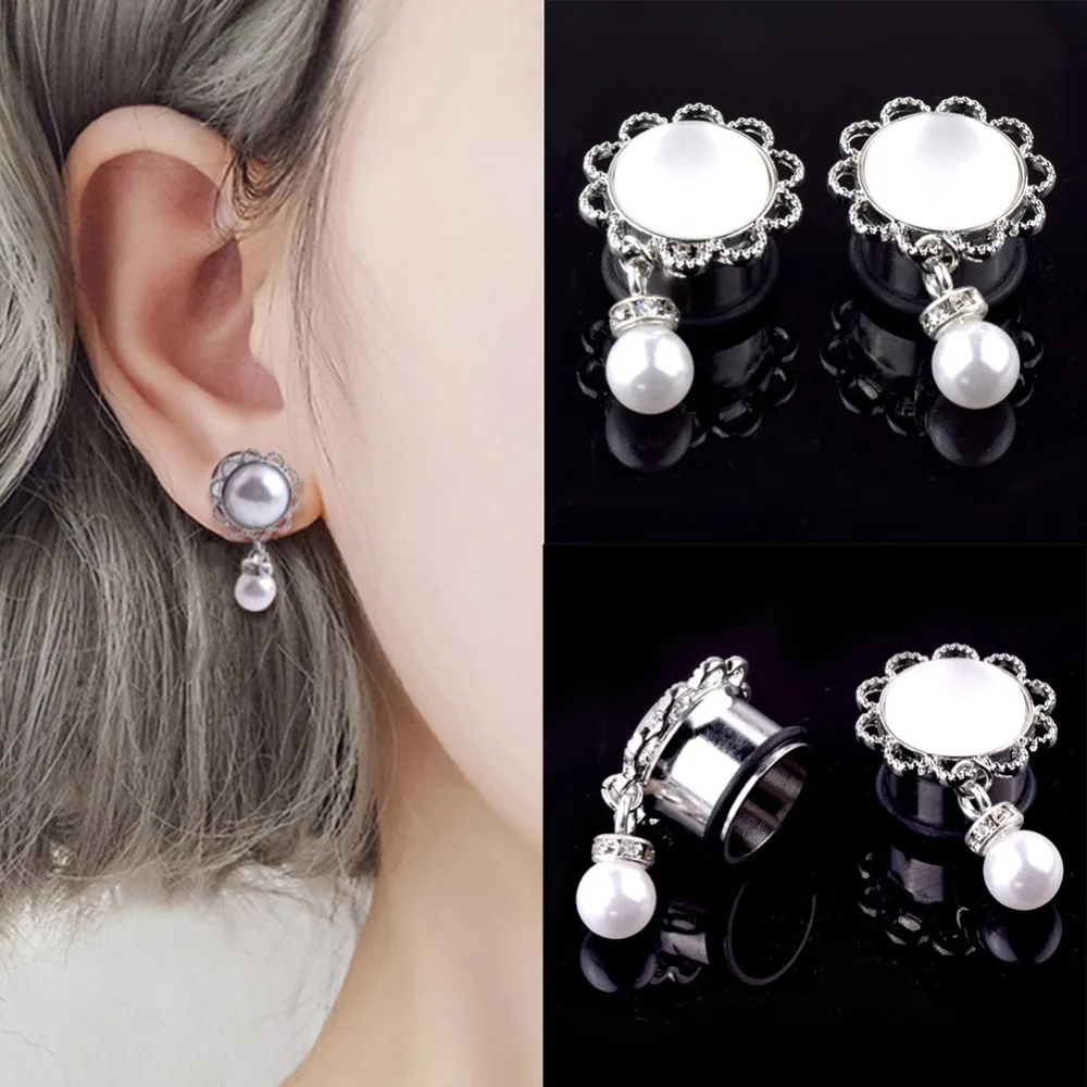 1 Pair Vintage 6-24mm Simulated Pearl Pendant Ear Plugs Stainless Steel Ear Expansion Flesh Tunnels Body Piercing Jewelry