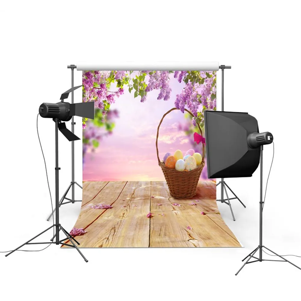 Happy Easter Photography Backdrops Wood Floor Colorful Eggs Basket Purple Flower Blossoms Kids Children Photo Studio Backgrounds