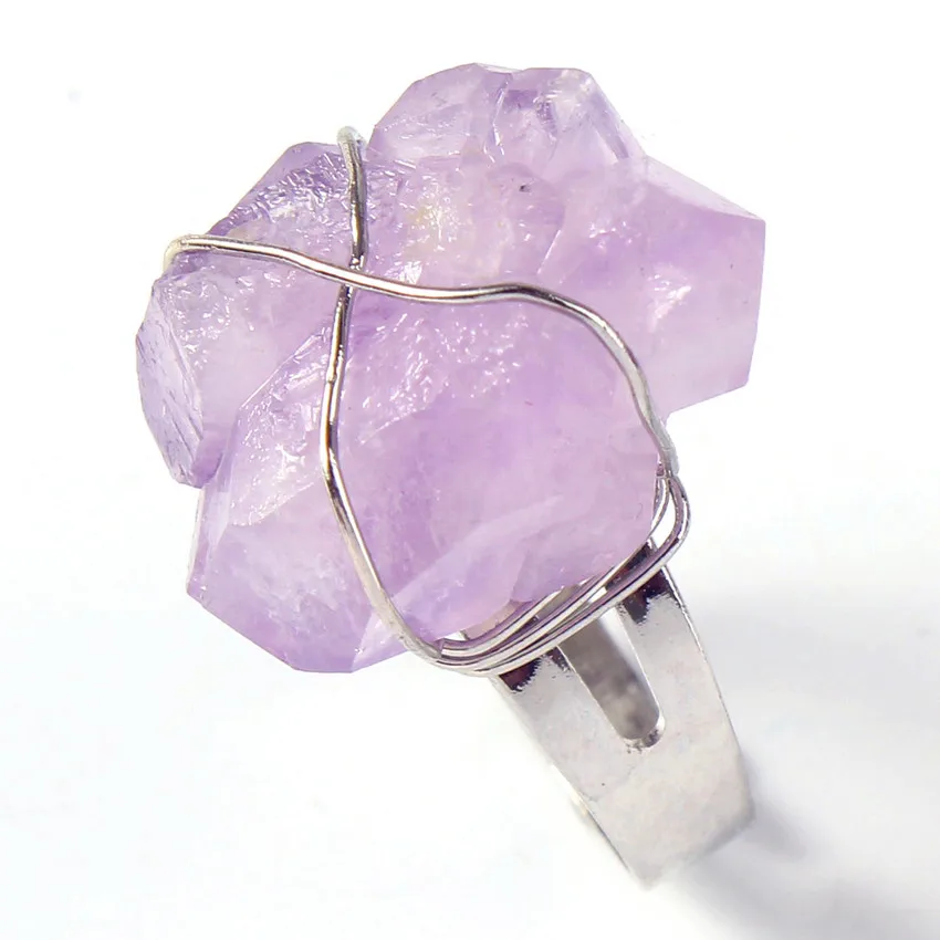 Wire Wrapped Natural Irregular Shape Amethyst Teeth Crystal Quartz Stone Adjustable Finger Ring Jewelry For Anniversary Party