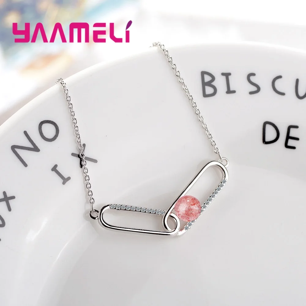 New Unique Luxury Pink Stone Necklace Pin Necklace For Women Fashion Collier Femme 925 Sterling Silver Color Choker Wholesale