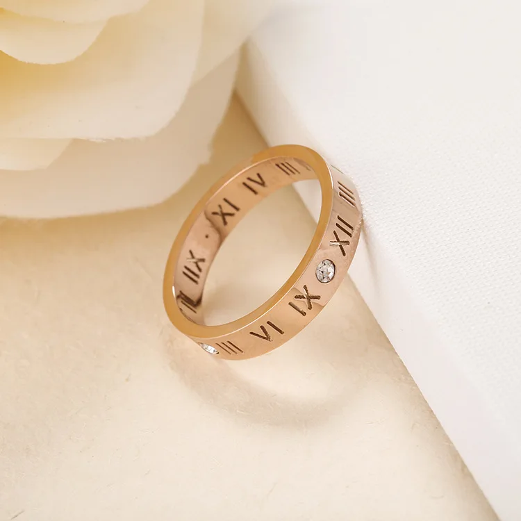 JeeMango Titanium Steel Mosaic Cubic Zirconia Crystal Roman Numeral Ring Classic Engagement Wedding Rings For Women R17158
