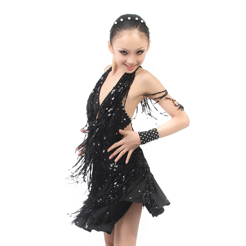 

Newest High-end Black Sequins Tassels Backless Latin Dress,Sexy Dance Costume for Girls Rumba/Salsa/Ballroom/Jazz Competition