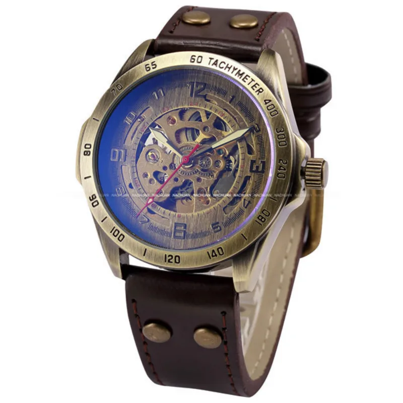 SHENHUA Watches Men Retro Bronze Case Wristwatch Male Automatic Mechanical Skeleton Watch Leather Sport Watch Relogio Masculino