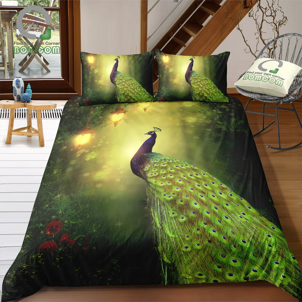 

BOMCOM 3D Digital Printing peacock print Duvet cover set peacock in green forest lamp Bedding Set 100% Microfiber