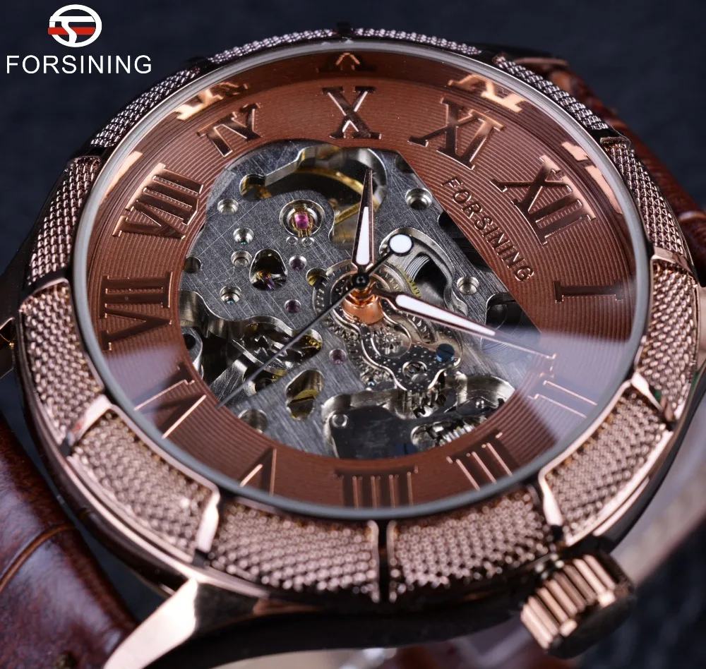 Forsining Skeleton Watch Transparent Roman Number Watches Men Luxury Brand Mechanical Men Big Face Watch Steampunk Wristwatches