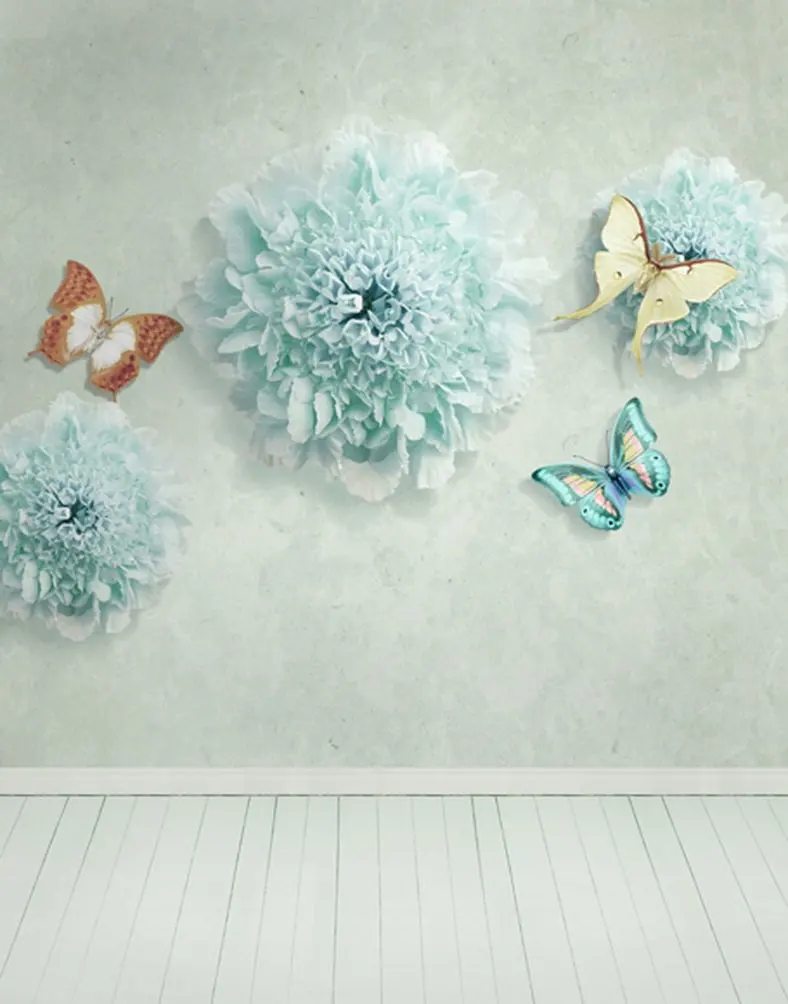 5x7ft Wooden Floor Blue Flowers Butterfly Photography Backdrops Photo Props Studio Background