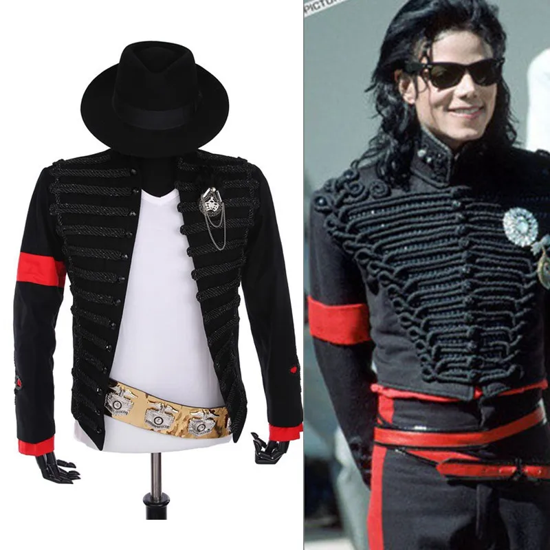 Rare PUNK  Formal dress Classic England Style MJ MICHAEL JACKSON Costume Military Jacket Belt Hat For Fans Imitator Best Gift