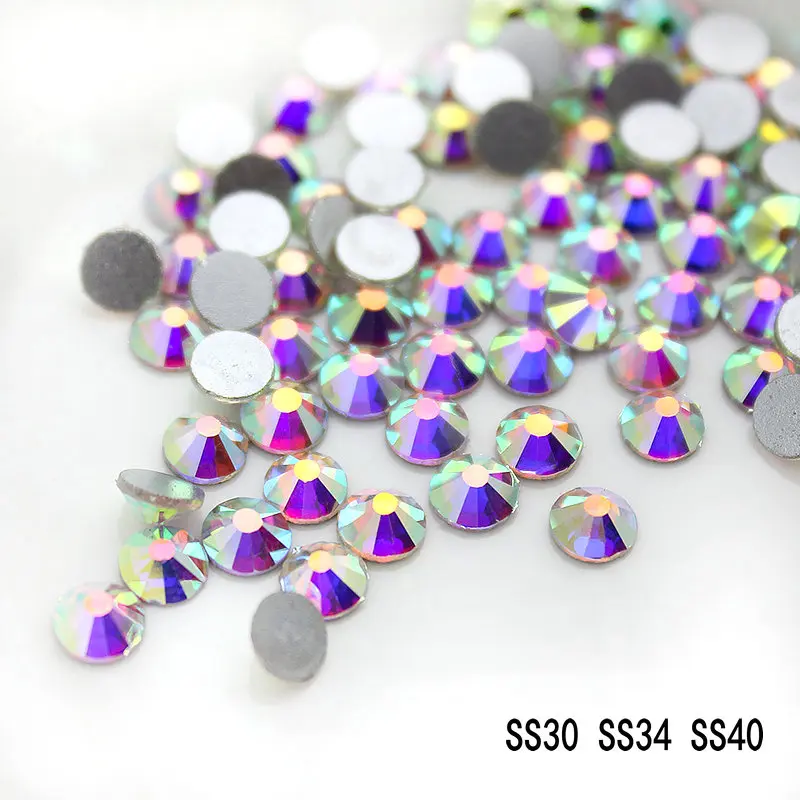 Top Quality SS30 SS34 SS40 SS50 Crystal AB Silver Plated Flat Back 3D Non Hotfix Sticker Glue On Nail Art Rhinestones.