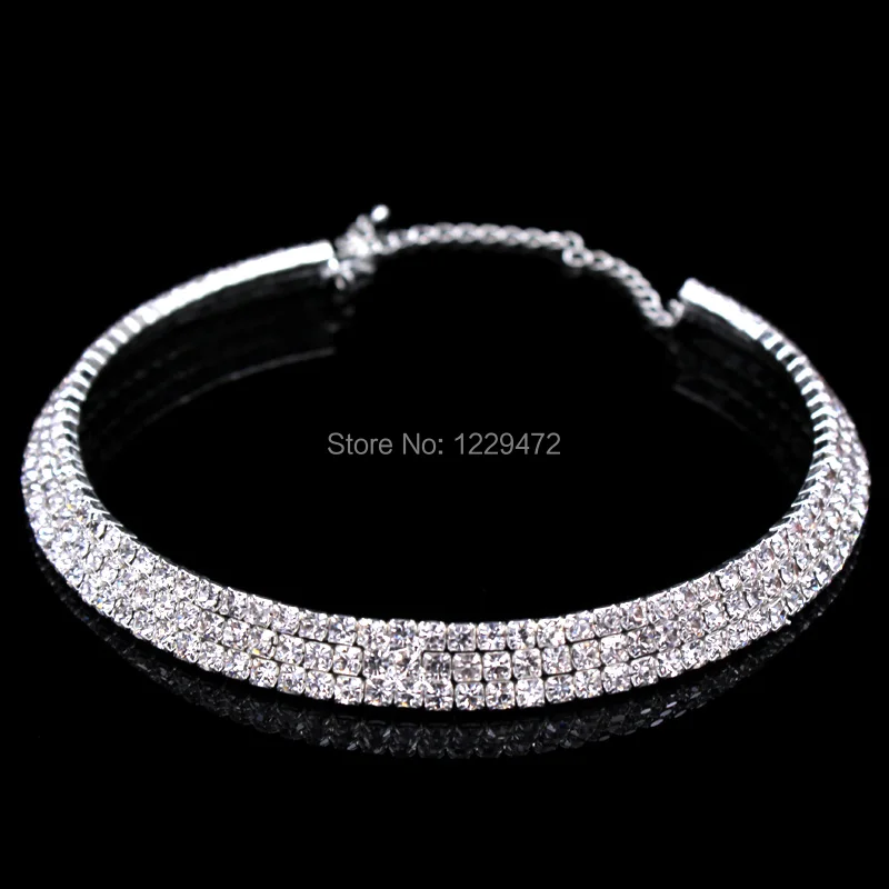 TREAZY Classic 3 Row Rhinestones Crystal Silver Color Necklace Earrings Bracelet Ring Bridal Wedding Jewelry African Jewelry Set