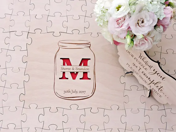 personalize names date wood Mason Jar Wedding Guest Book Puzzle, Wood Puzzle Guest Book,  Custom Wedding Guest Book Puzzle