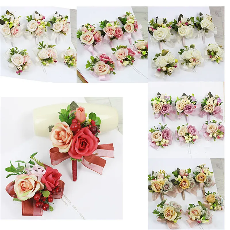 Men Boutonniere Bridesmaid Sisters Wrist Corsage Artificial Bride Hand Flowers For Wedding Prom Party Decor Beautiful Rose Bunch