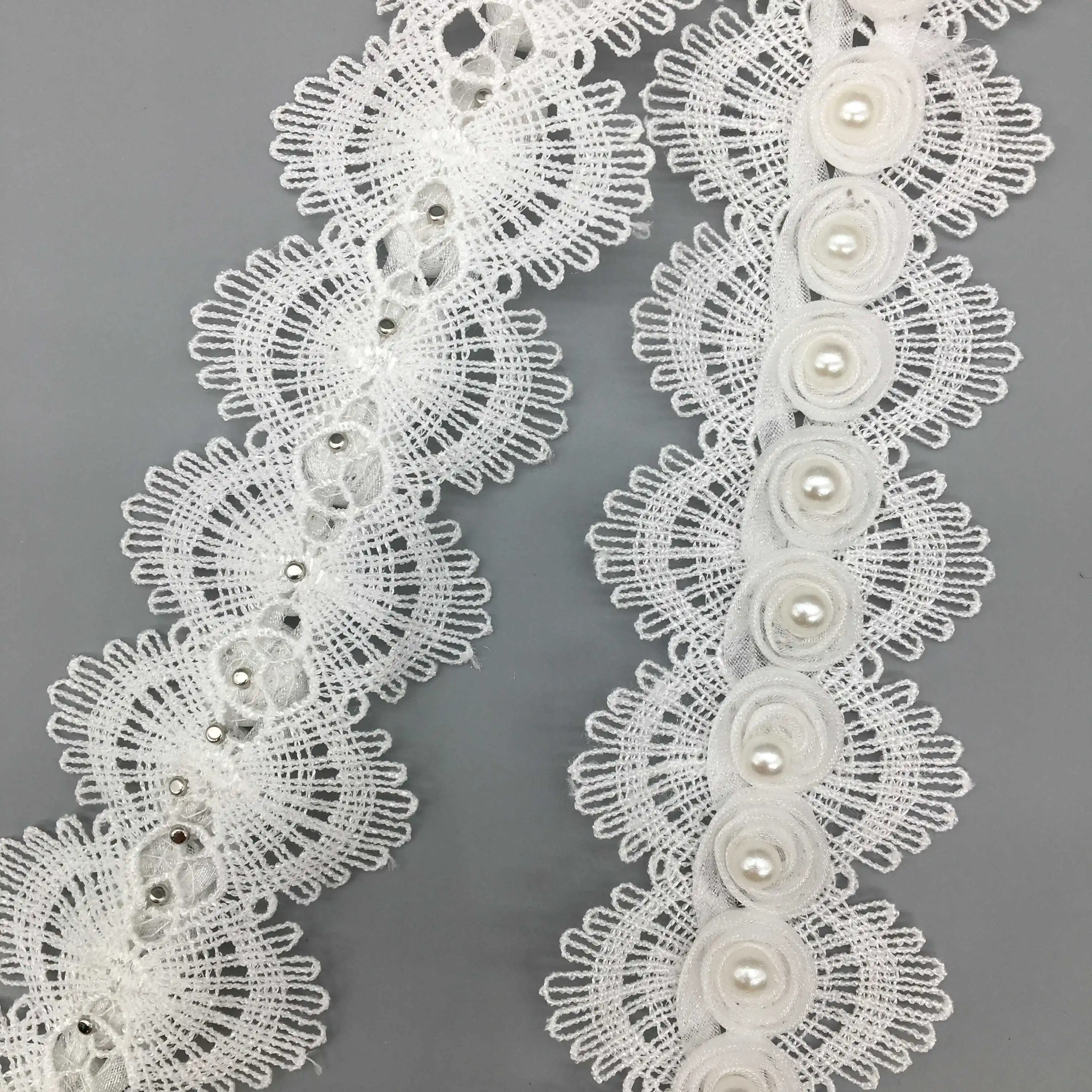 

1 Yard Polyester Pearl Rose Flower Lace Trim Embroidered Lace Ribbon Fabric Costume Wedding Dress DIY Sewing Craft Accessories