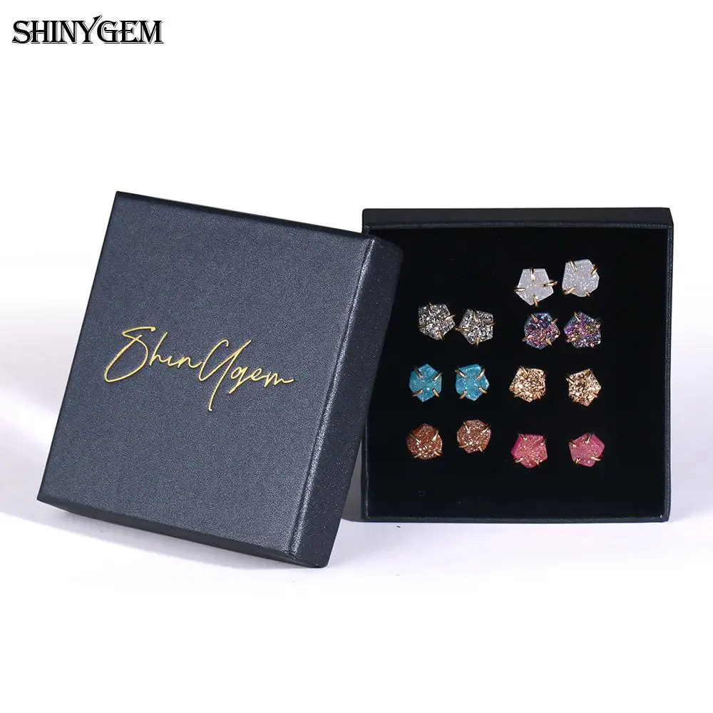 

ShinyGem 7 Pairs Stud Earrings S925 Sterling Silver Natural Irregular Druzy Crystal Earrings One Week Jewelry Wearing For Women