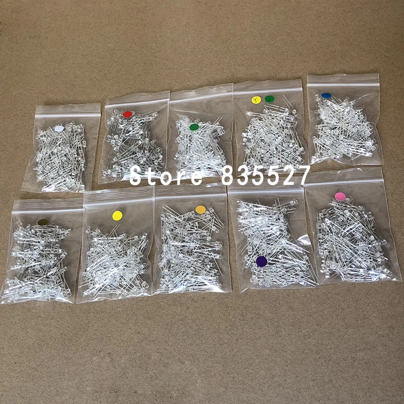 1000pcs/lot 3MM F3 Kit Mixed 10 colors: White/Warm white/Red/2 Green/Blue/Pink/Purple UV/Orange/Yellow LED light emitting diode