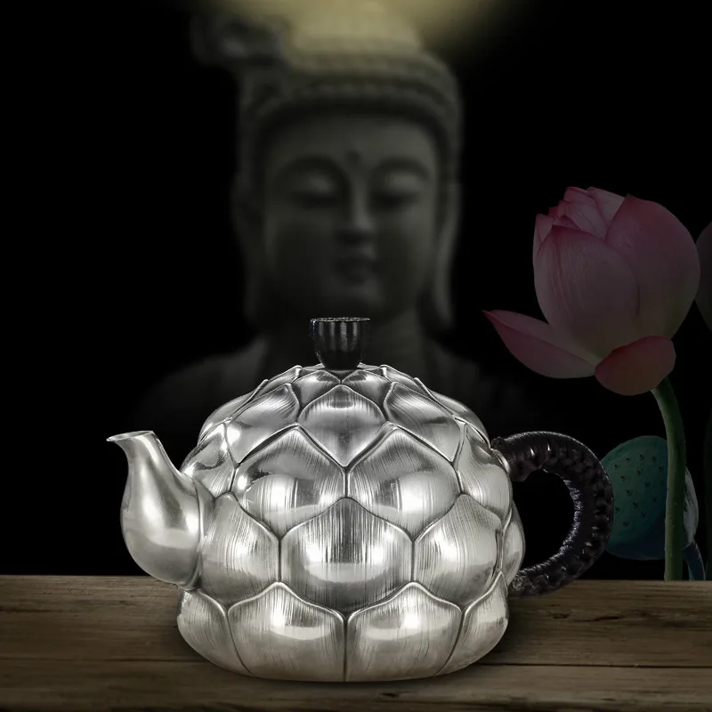 Hundred-year-old Artisan Silver-making Teapot Foot Silver 999 Teapot Tea Ceremony Family Kungfu Tea Set Heart-born Lotus Silver