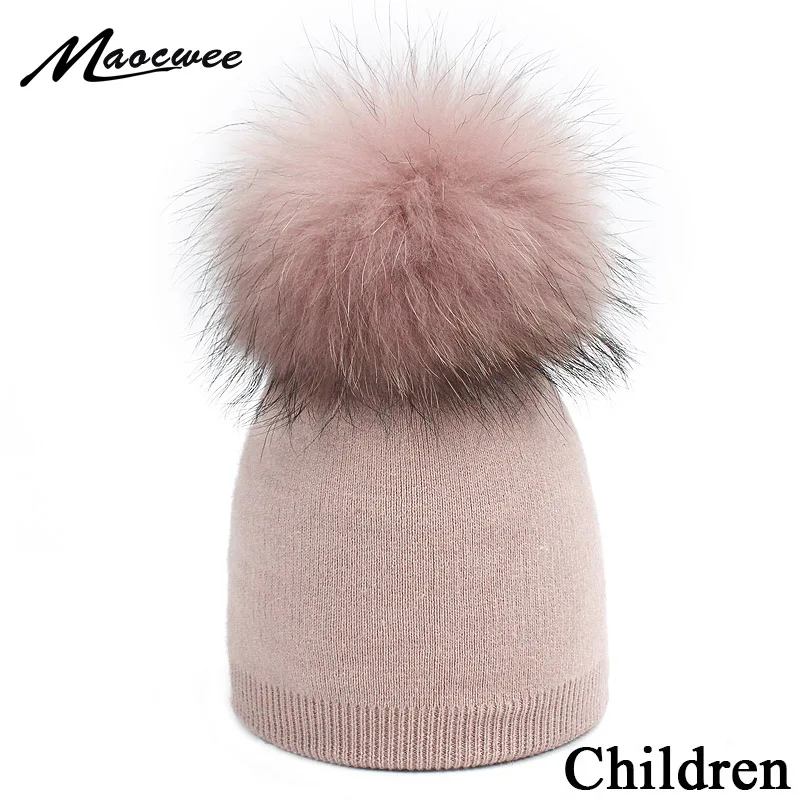 Gorro infantil de malha, chapéu de inverno tingido de pele de guaxinim, pom pom, quente para meninos e meninas, boné macio de marca infantil